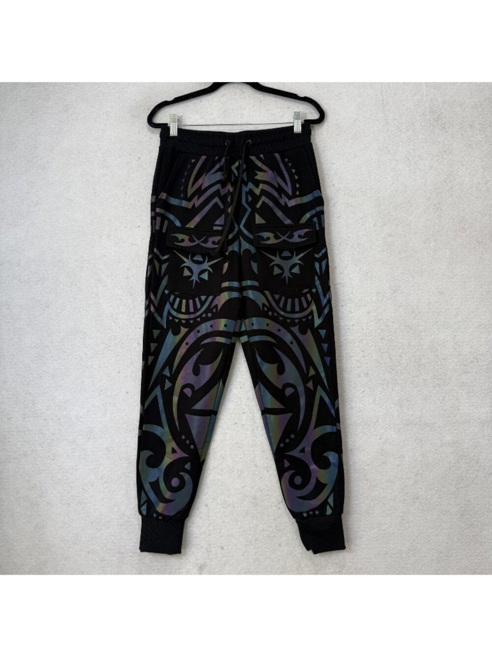CLUB EXX Jogger Pants Womens S Black Geometric Reflective Pockets Rave Festival